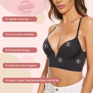 Low Back Bras-Seamless Deep-V Plunge Invisible Backless Bra-Underwire Lightly Lined Halter Multiway Low Cut Bra