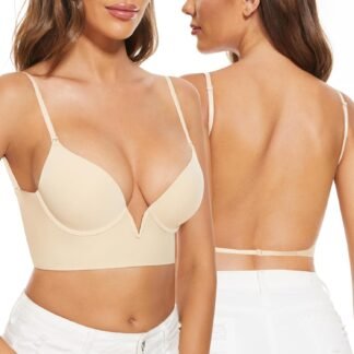 Low Back Bras-Seamless Deep-V Plunge Invisible Backless Bra-Underwire Lightly Lined Halter Multiway Low Cut Bra