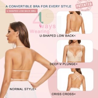 Low Back Bras-Seamless Deep-V Plunge Invisible Backless Bra-Underwire Lightly Lined Halter Multiway Low Cut Bra