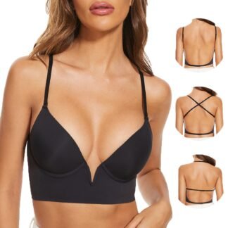Low Back Bras-Seamless Deep-V Plunge Invisible Backless Bra-Underwire Lightly Lined Halter Multiway Low Cut Bra
