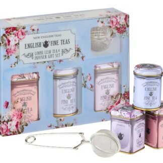 New English Teas Loose Leaf Tea & Infuser Gift Set – 3 Vintage Floral Tins with Breakfast, Earl Grey & Afternoon Blends with Loose Tea Infuser