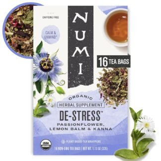 Numi Organic De-Stress Tea Bags, 16 Tea Bags, Passionflower, Lemon Balm, and Kanna, Caffeine Free