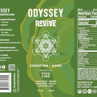 Odyssey Revive Sparkling Drink – Caffeine Free Electrolyte Water with Lion’s Mane Cordyceps L-Theanine and Vitamin C – Instant Hydration for Wellness – 12 Pack Yuzu Lime Flavor,...