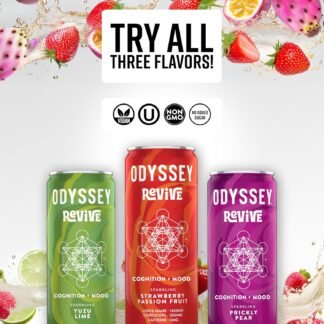 Odyssey Revive Sparkling Drink – Caffeine Free Electrolyte Water with Lion’s Mane Cordyceps L-Theanine and Vitamin C – Instant Hydration for Wellness – 12 Pack Yuzu Lime Flavor,...