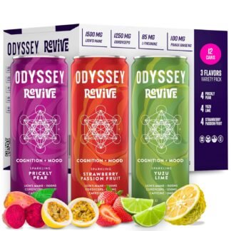 Odyssey Revive Sparkling Drink – Caffeine Free Electrolyte Water with Lion’s Mane Cordyceps L-Theanine and Vitamin C – Instant Hydration for Wellness – 12 Pack Yuzu Lime Flavor,...