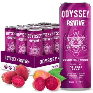 Odyssey Revive Sparkling Drink – Caffeine Free Electrolyte Water with Lion’s Mane Cordyceps L-Theanine and Vitamin C – Instant Hydration for Wellness – 12 Pack Yuzu Lime Flavor,...