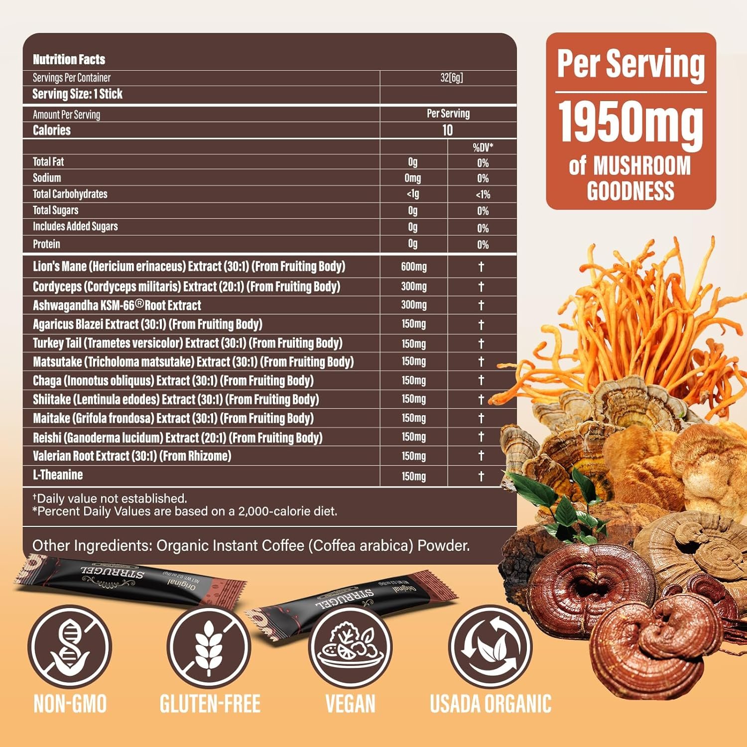 Organic Mushroom Coffee with Lions Mane Reishi - 9 Functional Mushrooms + Ashwagandha for Focus Energy Stress Relief - Low Caffeine Instant Coffee Sticks 32 Servings - lunas-mystic-emporium.com Organic Mushroom Coffee with Lion’s Mane & Reishi - 9 Functional Mushrooms + Ashwagandha for Focus, Energy & Stress Relief - Low Caffeine Instant Coffee Sticks, 32 Servings