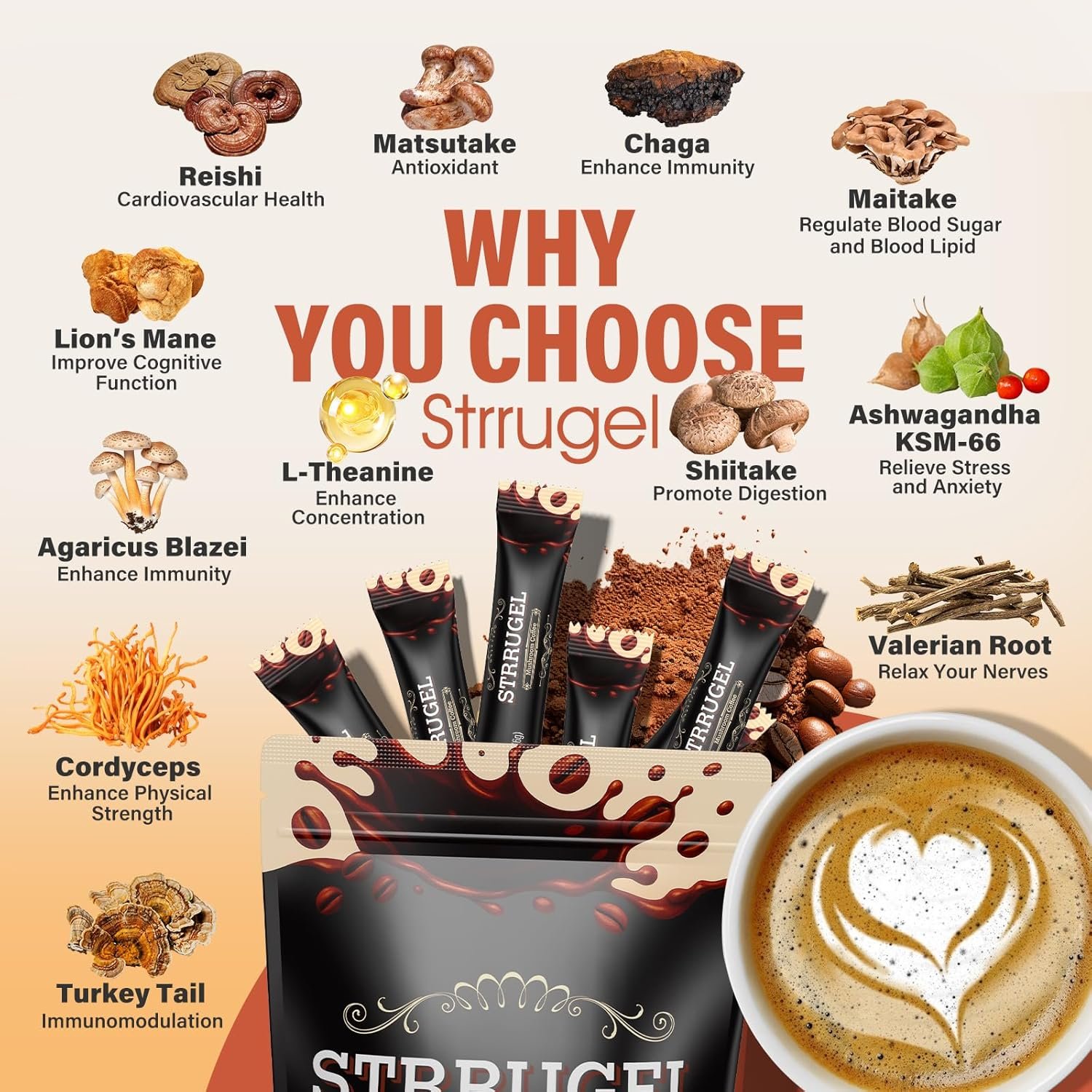 Organic Mushroom Coffee with Lions Mane Reishi - 9 Functional Mushrooms + Ashwagandha for Focus Energy Stress Relief - Low Caffeine Instant Coffee Sticks 32 Servings - lunas-mystic-emporium.com Organic Mushroom Coffee with Lion’s Mane & Reishi - 9 Functional Mushrooms + Ashwagandha for Focus, Energy & Stress Relief - Low Caffeine Instant Coffee Sticks, 32 Servings