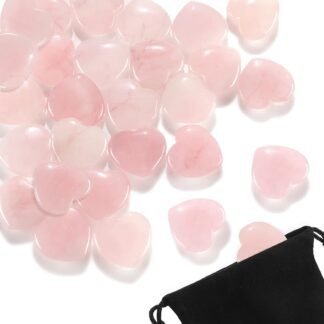 Patelai 24 Pcs Rose Quartz Heart Crystals Pink Heart Shaped Stones Natural Healing Worry Stones Mini Pocket Gemstone with Black Flannelette Bag for Valentines Gift Reiki Balancing