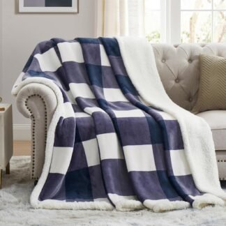 PU MEI Sherpa Blanket Fleece Throw Blanket Twin Plaid Thick Bed Blanket, Soft Warm Cozy Blue Checkered Throw Blanket 60"*80"
