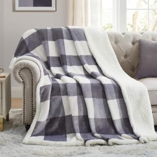 PU MEI Sherpa Blanket Fleece Throw Blanket Twin Plaid Thick Bed Blanket, Soft Warm Cozy Blue Checkered Throw Blanket 60"*80"