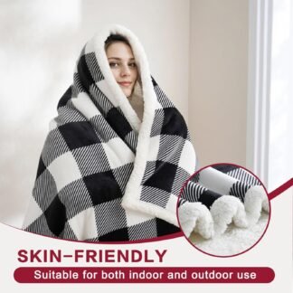 PU MEI Sherpa Fleece Throw Blanket 60" x 80" Reversible Plush Fluffy Large Big Blanket Lattice Flannel Blankets for All Season Use, Black and White