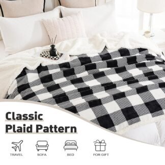 PU MEI Sherpa Fleece Throw Blanket 60" x 80" Reversible Plush Fluffy Large Big Blanket Lattice Flannel Blankets for All Season Use, Black and White