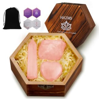 Rose Quartz Crystals with Wooden Gift Box, Crystals and Healing Stones Set with Rose Quartz Tower, Heart Stone, Raw Crystals for Love, Meditation, Chakra, Reiki, Home Decor-...