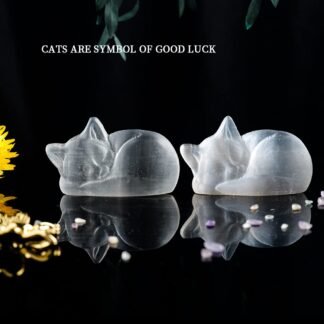 Runyangshi Natural Selenite Crystal Healing Stone Energy Selenite Sleep Cat Exquisite Carved Ornaments Spiritual Healing Massage Palmstone Cleansing Protection Home Decor Gift