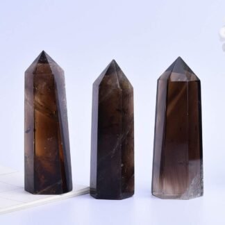 Runyangshi Smoky Quartz Natural Healing Crystal Wands Height 2.8"-3.1", 6 Faceted Prism Wand Reiki Chakra Stone, Natural Quartz