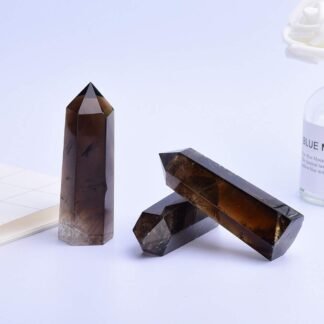 Runyangshi Smoky Quartz Natural Healing Crystal Wands Height 2.8"-3.1", 6 Faceted Prism Wand Reiki Chakra Stone, Natural Quartz