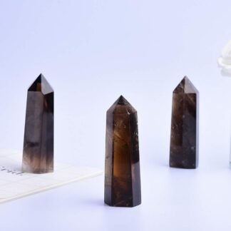 Runyangshi Smoky Quartz Natural Healing Crystal Wands Height 2.8"-3.1", 6 Faceted Prism Wand Reiki Chakra Stone, Natural Quartz