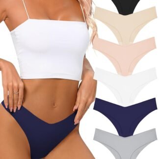 Seamless Thongs for Women No Show Thong V-waisted Stretch Breathable Sexy Panties Underwear 6 Pack