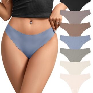 SHARICCA Womens Seamless Thongs No Show Underwear Soft Ribbed Invisible Panties Wave Edge Multi Pack