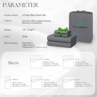 Silver Infused Bed Sheets Set, Temperature-Regulating Fabric with Self-Cleaning Technology for 3X Freshness Sleep, Genuine 100% Organic Viscose Derived from Bamboo (Gray, King)