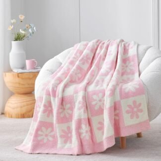 Snuggle Sac Checkered Blanket, Pink Flower Throw Blanket for Couch Plaid Microfiber Fluffy Warm Cozy Fuzzy Soft Throw Blanket Reversible Checkerered Blankets for Sofa, Chair,...