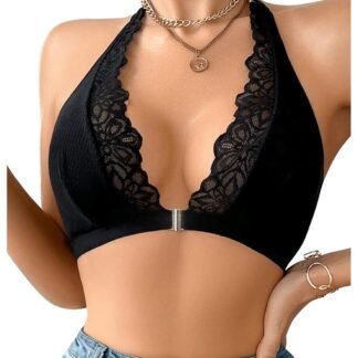 SOLY HUX Bras for Women Halter Lace Front Closure Bra Wireless Deep V Triangle Bralette