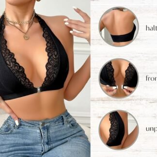 SOLY HUX Bras for Women Halter Lace Front Closure Bra Wireless Deep V Triangle Bralette
