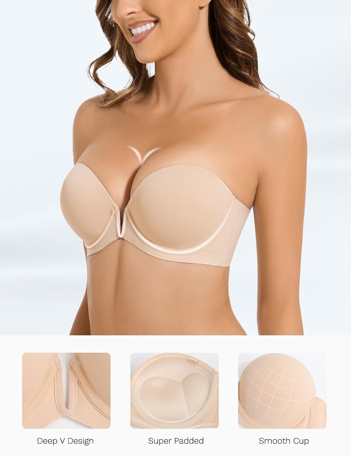 Strapless Bra Push Up Non Slip Deep V Plunge Underwire Bras for Women Super Padded Add 2 Cups - lunas-mystic-emporium.com Strapless Bra Push Up Non Slip Deep V Plunge Underwire Bras for Women Super Padded Add 2 Cups