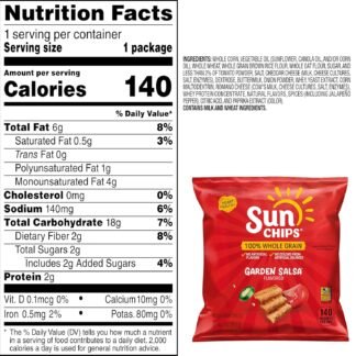 SunChips 100% Whole Grain Chips, Garden Salsa, 1 oz Bags, Pack of 104, No Artificial Flavors, No Colors from Artificial Sources