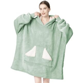 Touchat Wearable Blanket Hoodie, Oversized Sherpa Blanket Sweatshirt with Hood Pocket and Sleeves, Gifts Hooded Blanket for Adult Women Men (Green)