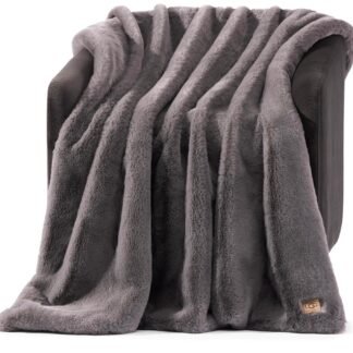 UGG Euphoria Faux Fur Throw Blanket, Oversized Soft Throw for Bed or Couch, Luxury Bedroom Decor, Plush Blankets, Machine Washable, 50-inch x 70-inch, Charcoal Grey