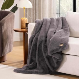 UGG Euphoria Faux Fur Throw Blanket, Oversized Soft Throw for Bed or Couch, Luxury Bedroom Decor, Plush Blankets, Machine Washable, 50-inch x 70-inch, Charcoal Grey