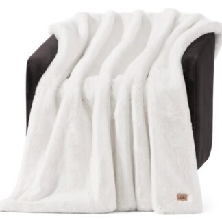 UGG Euphoria Faux Fur Throw Blanket, Warm Fluffy Throw for Couch or Bed, Luxury Bedroom Decor, Fluffy Blankets, Machine Washable, 50-inch x 70-inch, White Snow