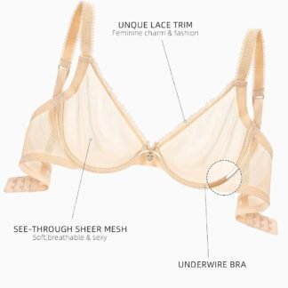 Unlined Bras for Women Sexy See Through Mesh Underwire Plunge Demi Lace Bra