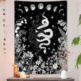 VEIGIKE Witchy Snake Vertical Tapestry, Trippy Black and White Floral Moon Phase Cool Tarot Tapestry Wall Hanging for Bedroom Aesthetic, Nature Tapestries Poster Blanket College...