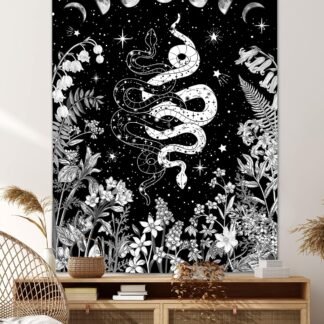 VEIGIKE Witchy Snake Vertical Tapestry, Trippy Black and White Floral Moon Phase Cool Tarot Tapestry Wall Hanging for Bedroom Aesthetic, Nature Tapestries Poster Blanket College...