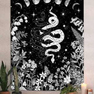 VEIGIKE Witchy Snake Vertical Tapestry, Trippy Black and White Floral Moon Phase Cool Tarot Tapestry Wall Hanging for Bedroom Aesthetic, Nature Tapestries Poster Blanket College...