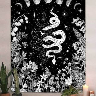 VEIGIKE Witchy Snake Vertical Tapestry, Trippy Black and White Floral Moon Phase Cool Tarot Tapestry Wall Hanging for Bedroom Aesthetic, Nature Tapestries Poster Blanket College...