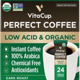 VitaCup Perfect Low Acid Instant Coffee Packets, Dark Roast Coffee, USDA Organic & Fair Trade, Third Party Tested for Mycotoxins & Pesticides, Single Origin, Clean & Pure, 24 ct