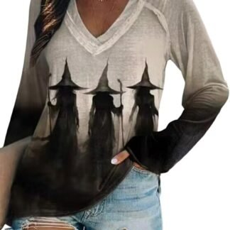 VKEGNIO Midsummer Witches Gather Shirt for Women Halloween Witch Party Shirts Fall Long Sleeve Flowers Printed Pullover Tops