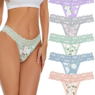 voenxe Seamless Thong for Women,No Show Lace Underwear,Ladies Breathable Comfort Panties Soft Laser Cut Undies,Tanga,5-Pack