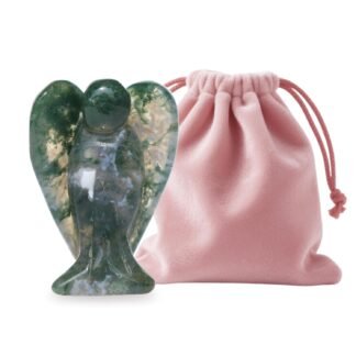 WHAL&YUNE Moss Agate Angel Figurine Natural Energy Healing Crystals Gemstone Hand Carved Sculpture for Home Office Desk Decor Holiday Lucky Gift - 1.5 inches