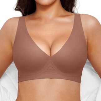 Wireless Bras Women Push Up Seamless Bra No Underwire Comfy Supportive Bralettes Deep V Comfortable Tshirt Bras Coffee