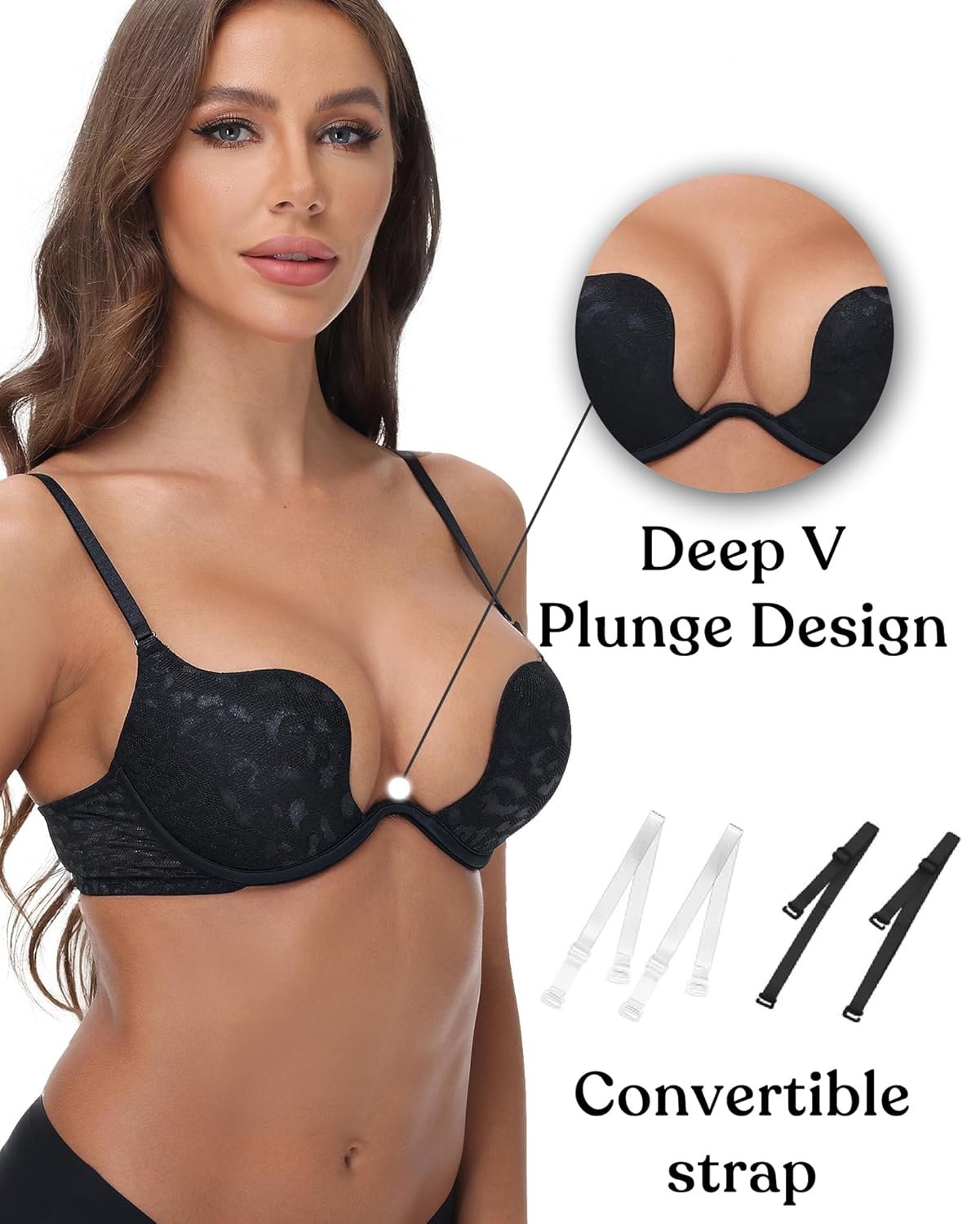 Women-Deep-V-Plunge-Bras Push Up Sexy Cleavage Bra with Underwire Lightly Padded Low Cut Back Convertible Strap - lunas-mystic-emporium.com Women-Deep-V-Plunge-Bras Push Up Sexy Cleavage Bra with Underwire Lightly Padded Low Cut Back Convertible Strap