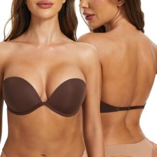 Women's Strapless Bra Push Up-Non Slip Invisible Underwire Low Back Multiway Support Padded Plunge Bra for Comfort Lift