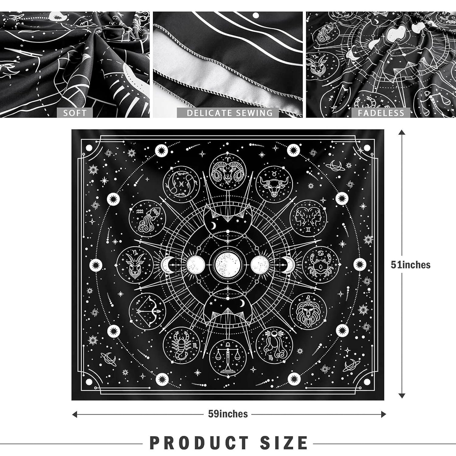 Zodiac Astrology Tapestry - Black and White Constellation Wall Hanging for Teen Girl's Bedroom, Living Room, Dorm (51x59 inches)
