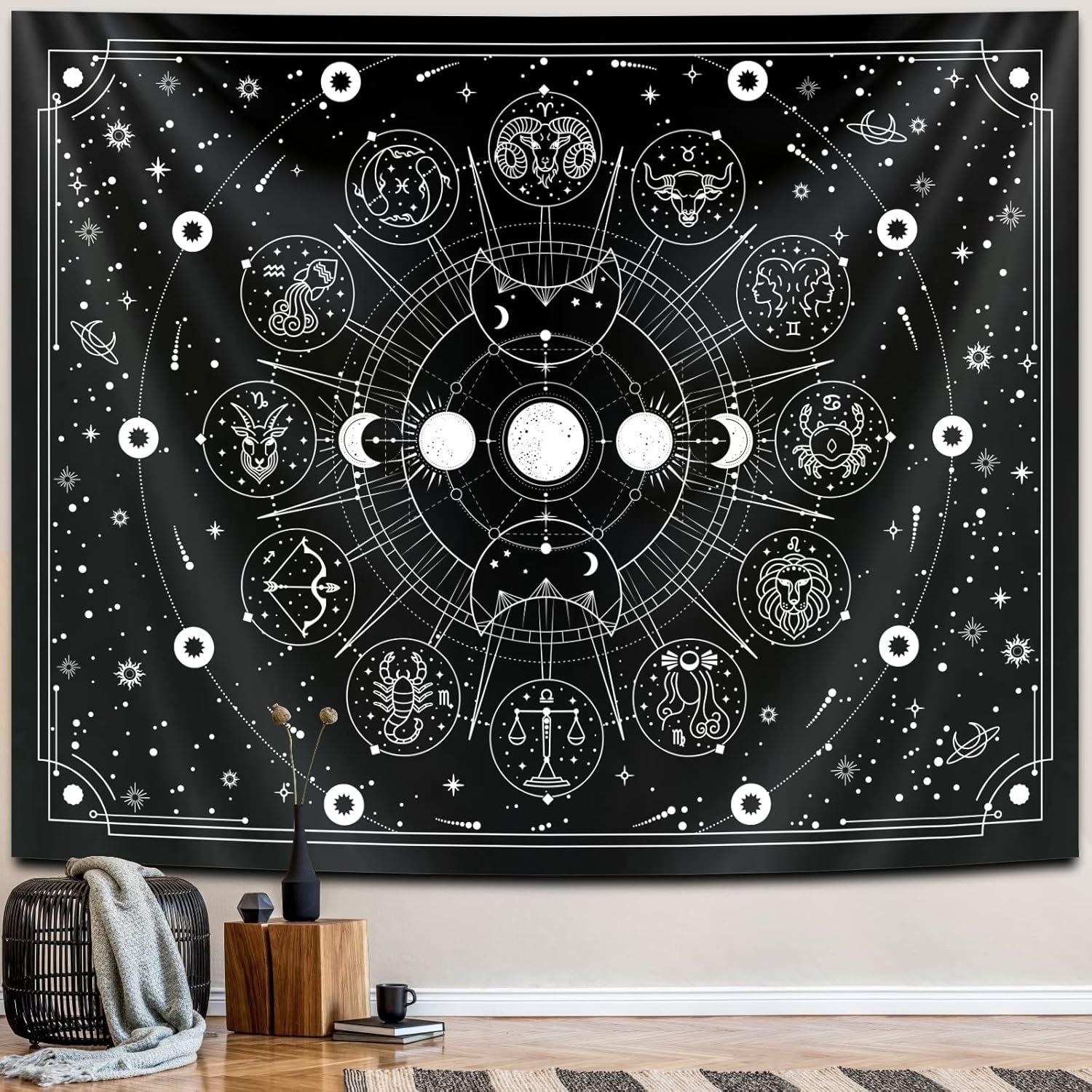 Zodiac Astrology Tapestry - Black and White Constellation Wall Hanging for Teen Girl's Bedroom, Living Room, Dorm (51x59 inches)