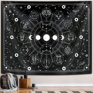 Zodiac Astrology Tapestry - Black and White Constellation Wall Hanging for Teen Girl's Bedroom, Living Room, Dorm (51x59 inches)