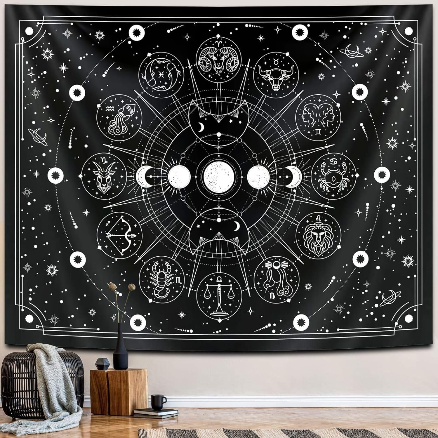 Zodiac Astrology Tapestry - Black and White Constellation Wall Hanging for Teen Girl's Bedroom, Living Room, Dorm (51x59 inches)